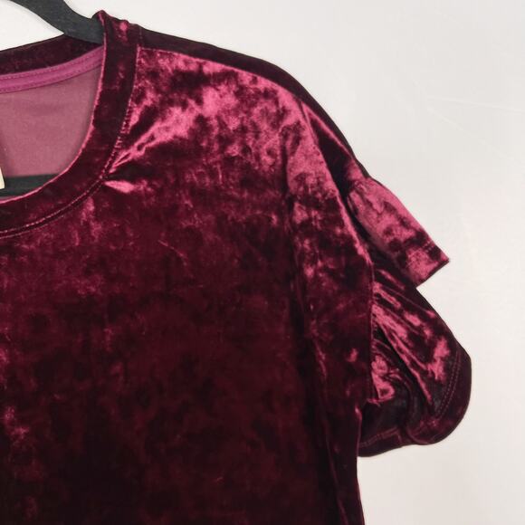 Altar'd State XSmall XS Burgundy Red Crushed Velvet Ruffle Short Sleeve Top Crew - Picture 4 of 8